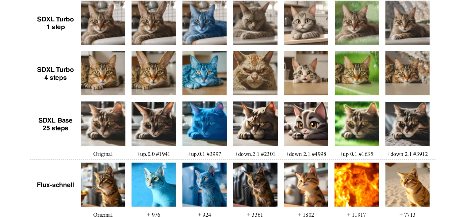 Feature interventions in SDXL Turbo, SDXL Base, and Flux-schnell image generation